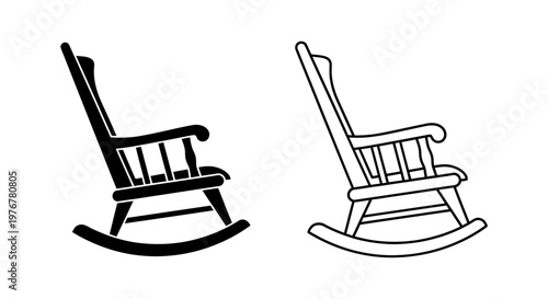 Two black and white illustrations of classic rocking chairs in profile