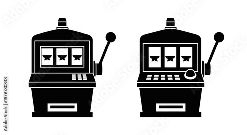 Two black and white illustrations of classic slot machines with handles