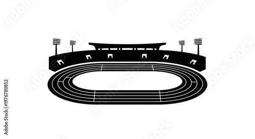 Black and white illustration of a stadium and running track