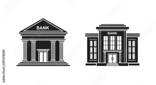 Two black and white illustrations of classic bank building facades