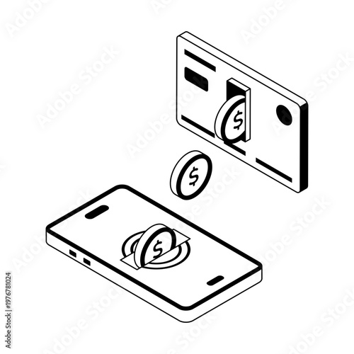 An isometric style icon depicting an online transfer
