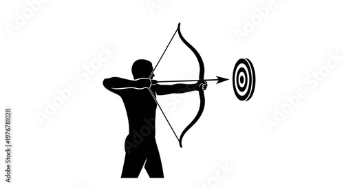 Archer aiming a bow and arrow at a target silhouetted in black