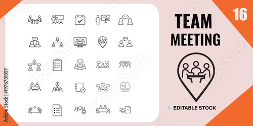 Set of twenty five outline icons representing various aspects of professional team meetings and collaboration.