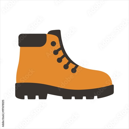 A stylized flat icon of a sturdy orange work boot with black laces and a thick sole