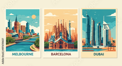 Set of three vintage travel posters featuring Melbourne, Barcelona, and Dubai landmarks including the Sagrada Familia, Burj Al Arab, and city river skylines in flat vector art.