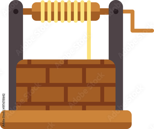 Water well structure with brick finish and wooden components, useful for agriculture and resources