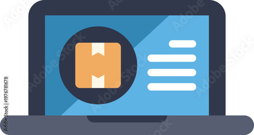 Laptop screen displaying a package icon with delivery tracking information