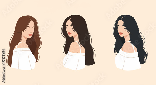 Three flat vector illustrations of young women with long wavy hair in shades of brown and black, wearing white off-the-shoulder blouses on a neutral beige background.