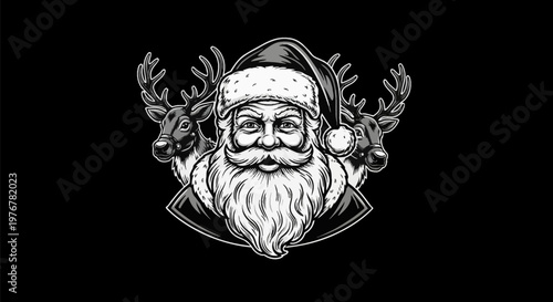 Vintage black and white illustration of Santa Claus with a long white beard and classic hat, flanked by two reindeer with detailed antlers, isolated on a solid black background.