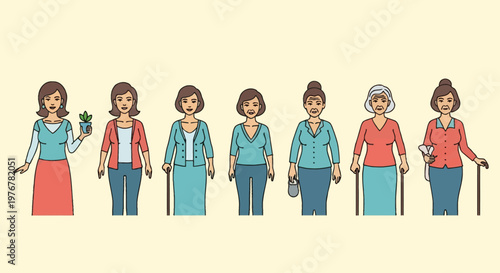Vector illustration of seven female figures representing various life stages and the human aging process from young adulthood to senior elderly years including mobility aid usage.