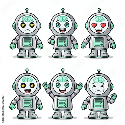 Robot Game Mascot Character Sheet with Multiple Expressions