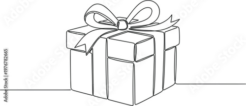 Minimalist continuous single line art gift box vector with elegant bow tied with a single knot for minimalist Christmas or birthday cards