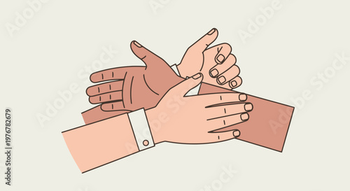 Diversity hands stacked in cooperation illustration skin tone variety teamwork concept flat design neutral backdrop community support connection