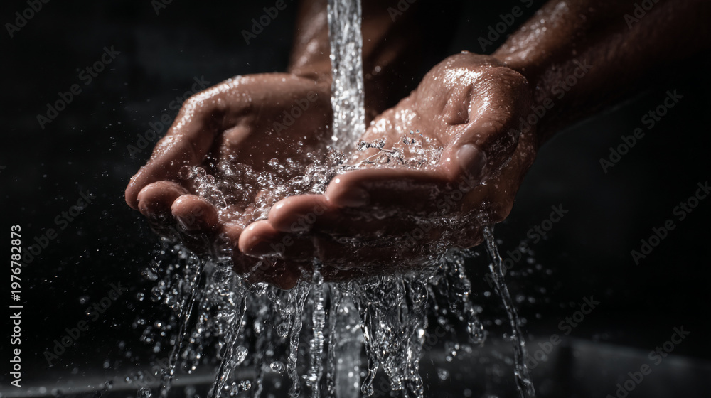 Fototapeta premium Cupped hands gracefully catch a flowing stream of clean water.