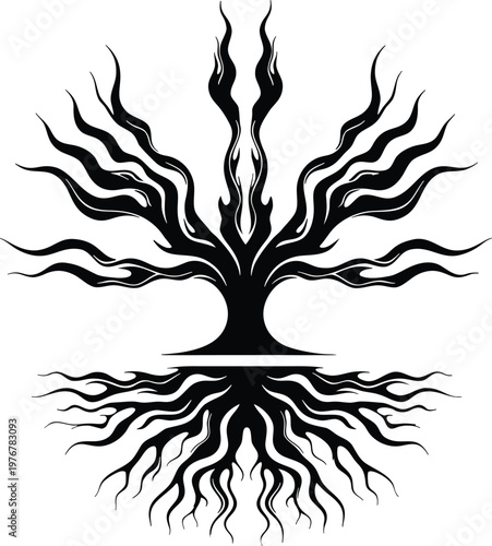 Stylized tree with intricate branches and roots forming mirror image, black silhouette on transparent background.