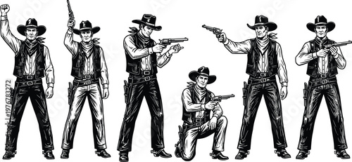 Detailed cowboy silhouette illustrations in engraved style featuring Western attire, revolvers, dynamic gunslinger poses, frontier culture, old West themes, and classic Wild West art