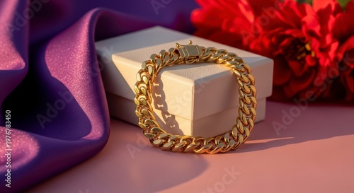 Intricately designed gold men's bracelet on white box with purple fabric and red flowers