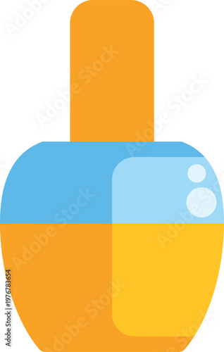 Cosmetic bottle with yellow liquid and blue cap representing beauty products