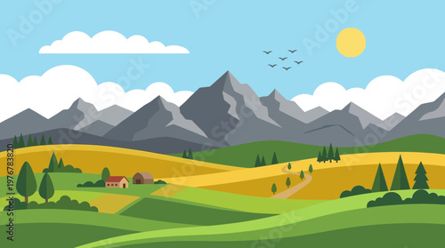 Vibrant flat design illustration of a picturesque rural landscape with rolling hills, a small farm, towering mountains, and a bright blue sky.