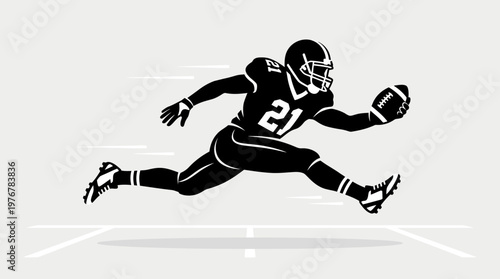 A dynamic black silhouette of an American football player with number 21, running or leaping with a football, against a light grey background with motion lines.