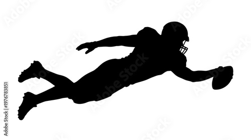 Silhouette of an American football player diving horizontally with a football, captured against a clean white background.
