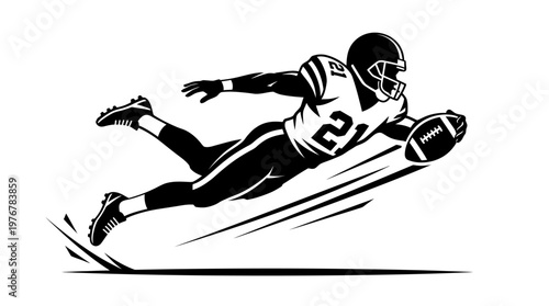 Dynamic black and white illustration of an American football player diving to catch the ball in mid-air, showing intense action and speed.