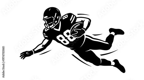 Silhouette of an American football player in action, diving with the ball, wearing a helmet and jersey number 88, depicted with motion lines.