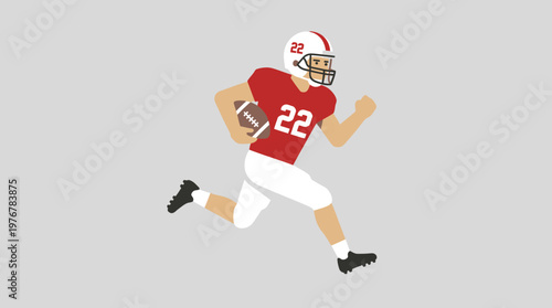 American football player in a red jersey with number 22, white pants, and helmet, running with the ball on a gray background.