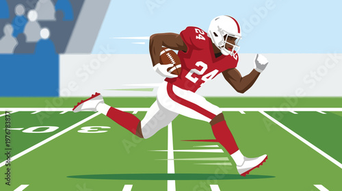 A dynamic illustration of an American football player in a red and white uniform, number 24, running with the ball on a green field during a game.