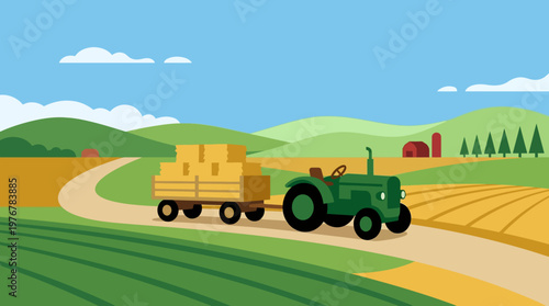 A green tractor pulls a trailer full of hay bales along a winding dirt road through a vibrant rural farm landscape with fields and hills.
