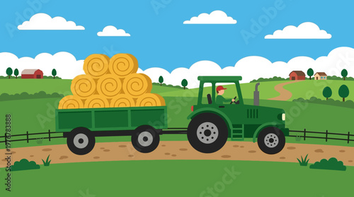 A green tractor pulling a trailer loaded with golden hay bales through a vibrant green rural landscape with barns and fences under a blue sky.