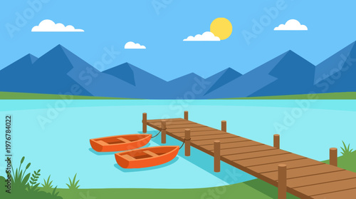 A peaceful landscape illustration featuring a wooden dock extending into a calm blue lake with two orange boats, set against a backdrop of majestic mountains under a sunny sky.
