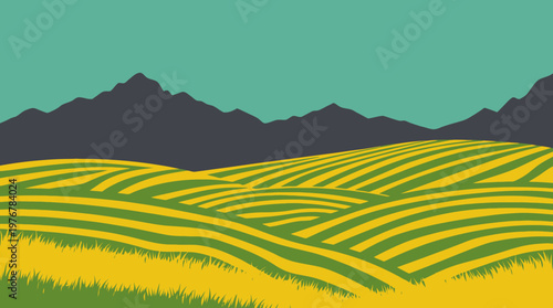 Stylized illustration of rolling agricultural fields with mountains in the background under a teal sky.