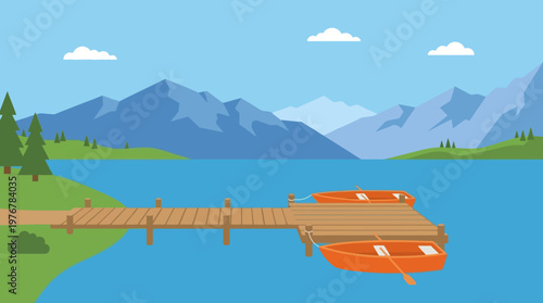 A serene landscape illustration featuring a wooden pier with two orange rowboats on a calm blue lake, surrounded by majestic mountains and green trees under a clear sky.