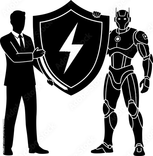 Businessman and cybernetic robot holding a protective shield, advanced security