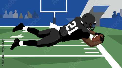 American football player in black uniform diving for a touchdown in a stadium.
