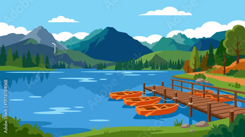 A picturesque landscape featuring a calm blue lake with wooden pier and orange rowboats, surrounded by lush green mountains and forests under a clear sky.