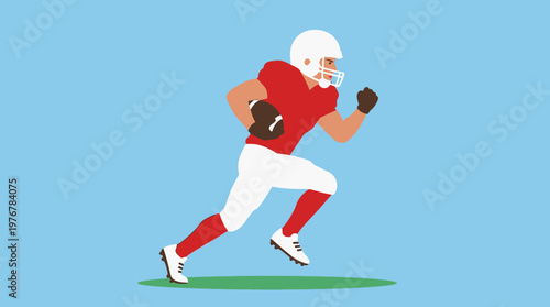 Flat illustration of an American football player in red and white uniform running with the ball on a blue background.