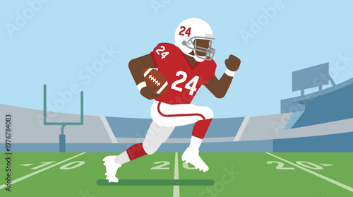An illustration of an American football player in a red and white uniform, number 24, running with the ball on a green stadium field with goalposts and stands in the background.
