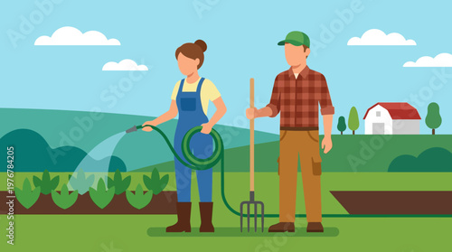 Two farmers, a man and a woman, tending to their garden; the woman waters plants with a hose while the man stands with a pitchfork on a sunny day.