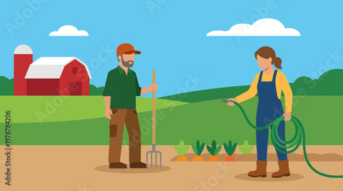 Two farmers, a man and a woman, working in a rural garden with a red barn and green fields in the background.