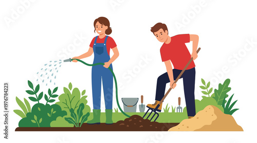 A man and a woman are gardening together, with the woman watering plants using a hose and the man digging soil with a pitchfork in a vibrant outdoor scene.