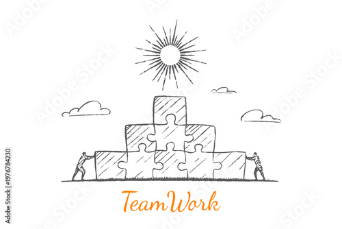 TeamWork - people pushing puzzle pieces together under the sun