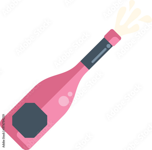 Pink champagne bottle with cork popping and sparkling liquid splashing