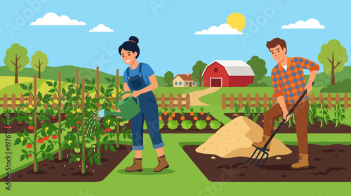 A man and a woman working together in a vibrant garden, tending to tomato plants and preparing soil under a bright blue sky with a barn in the background.