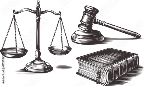 Vintage Law Symbols Scales Gavel Book Engraved Style Isolated justice legal