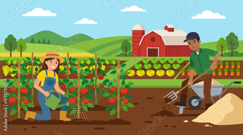 A man and a woman working together in a vibrant farm field, with a red barn and green hills in the background, cultivating crops and tending to plants.