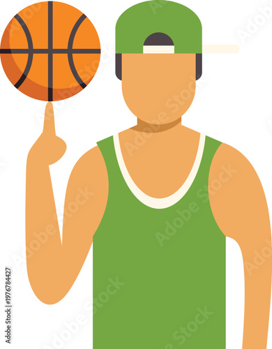 Faceless basketball player spinning an orange ball on a finger, wearing a green tank top and cap