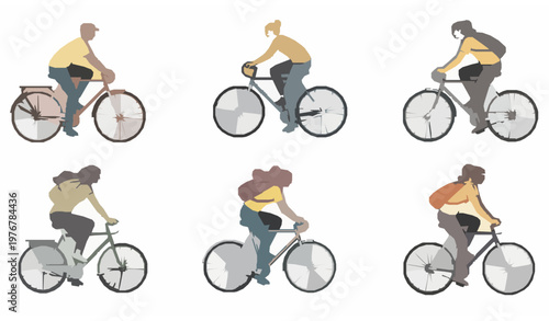People cycling vector set top and side view with men and women on city and road bikes active lifestyle concept