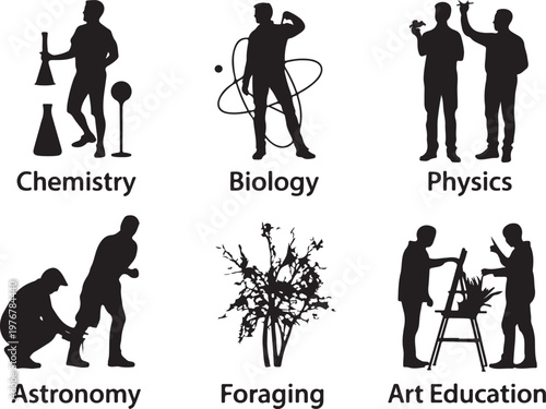 Silhouette icons representing various educational and scientific disciplines in creative style